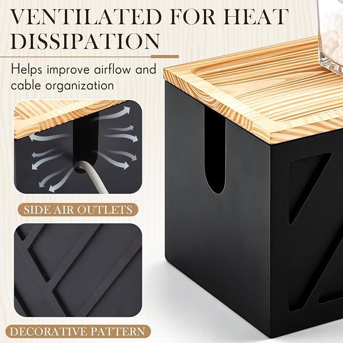 Decorative Cable Management Box, Large Wooden Cord Hider Box for Desk Floor Office, Cord Organizer to Hide Power Strips, Extension Cords, Chargers and Wires, Black