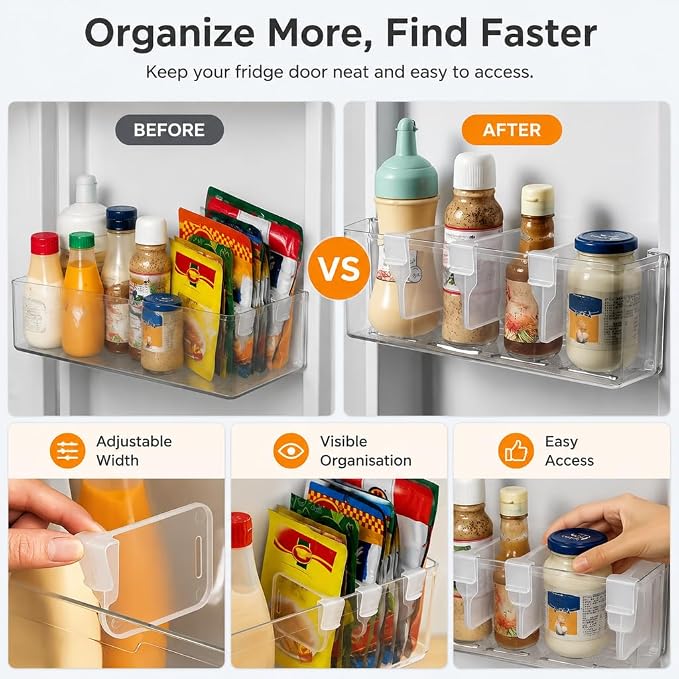 Clear Fridge Door Organizer Clips, 8pcs Adjustable Refrigerator Side Door Divider Set, Thickened Transparent Shelf Separators for Condiments, Bottles, Jars, Space Saving Kitchen Storage