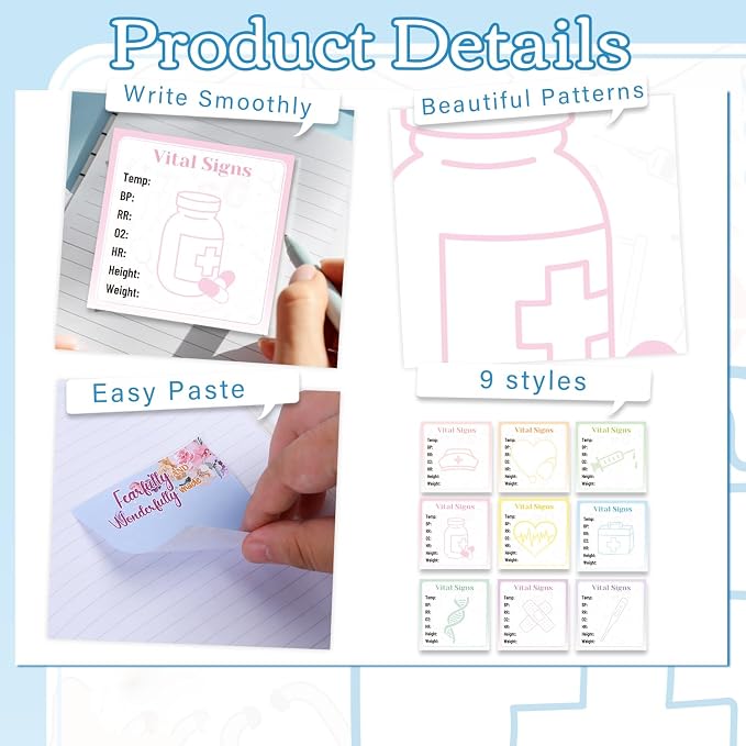 Vital Signs Sticky Notes Gifts, 9 Pack Vitals Signs Notepad 3x3 Inch for Nurse Daily Monitoring, Health Checklist Patient Memo Pads Supplies for Office Hospital (450 Sheets)