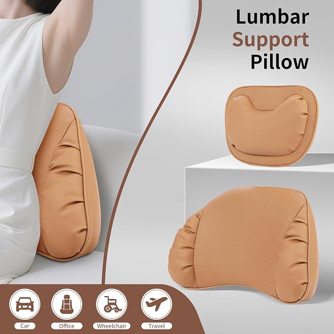 Memory Foam Lumbar Support Pillow for Car, Palomino Brown, 1 Pack | Leather Lumbar Pillow for Lower Back Pain Relief - Back Cushion for Driving - Chair Support for Office Chair, Gaming Chair