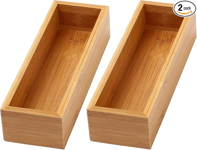 YBM HOME Bamboo Drawer Organizer Storage Box for Kitchen Drawer, Junk Drawer, Office, Bedroom, Children Room, Craft, Sewing, and Bathroom, 2 Pack 3x9x2 inch