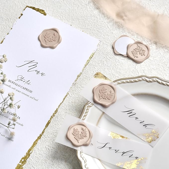 UNIQOOO Wax Seal Stickers - Eucalyptus Wedding Invitation Envelope Seal Stickers, 100 Pcs Self- Adhesive Taupe Stickers, Perfect for Invitation, Christmas, Gift Wrapping, Party