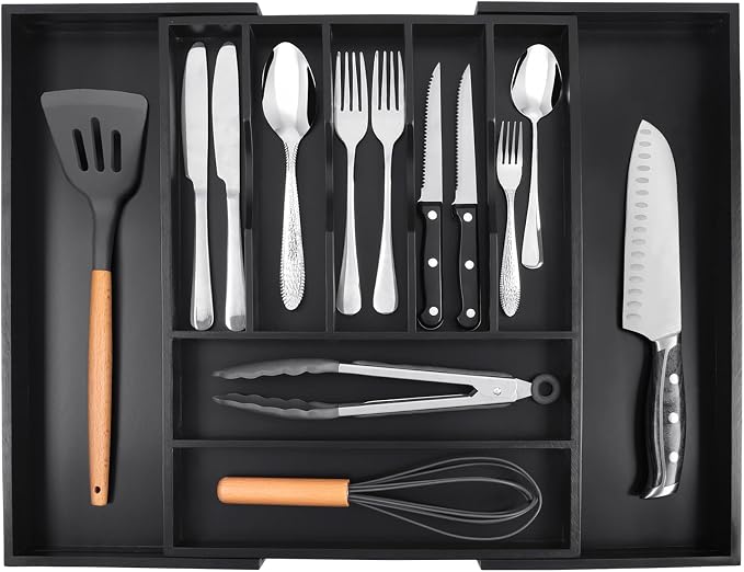 Large Premium Bamboo Silverware Organizer - Expandable Utensil Drawer Organizer - 17"x19.6" Utensil Holder and Cutlery Tray with Grooved for Kitchen Flatware and Utensils(7-9 Slot, Black)