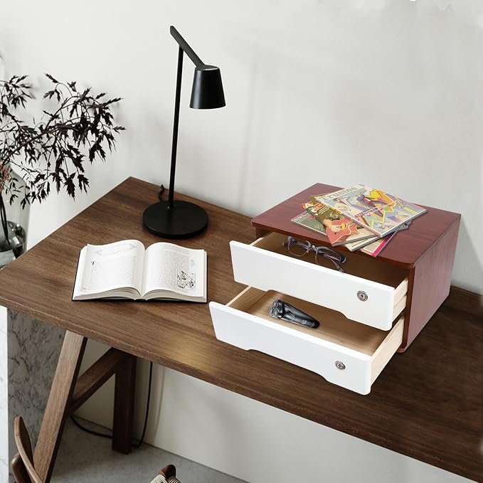 2-Tier Desktop Storage Box with Lockable Drawer, Wooden Desk Organizer for Office Supplies, Flat File Cabinet, Minimalist Design for Home & Office Use(Walnut+White)