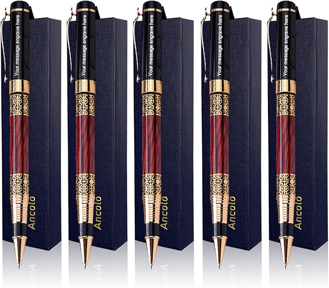 Ancolo Personalized Pens Office Gift Pen Set with 5 Pen Box 10 extra Black Refills Engraved with your Message Names Company Names Phone Number Gift for Colleague Friends Business