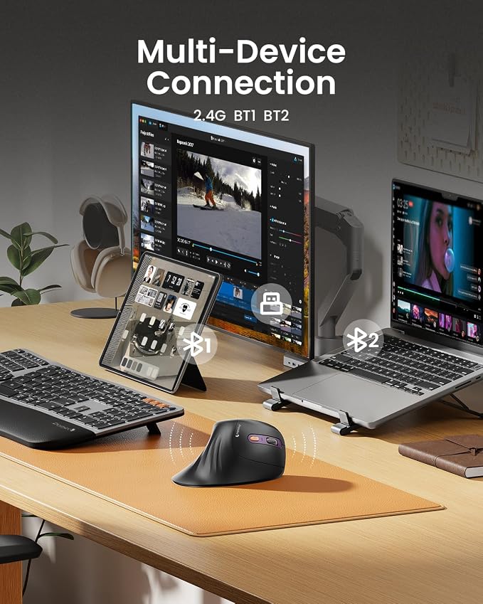 ProtoArc EM11 NL Wireless Ergonomic Mouse, Rechargeable, Black Purple | 58° vertical design supports a natural wrist posture, connect 3 devices via Bluetooth/2.4G USB-A, 500mAh USB-C rechargeable.