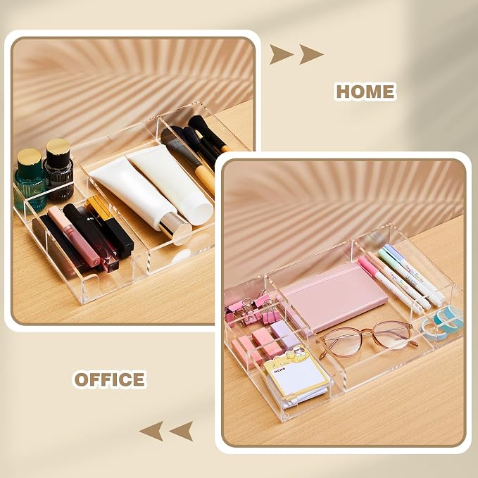 Briwooody Clear Acrylic Drawer Organizer,6 Compartments,Large | 12.8 x 8.8 x 12.6 Inch Desk Storage Tray Organizer for Pen, Stationery, Desktop, Office, Bathroom, Kitchen, Makeup Supplies