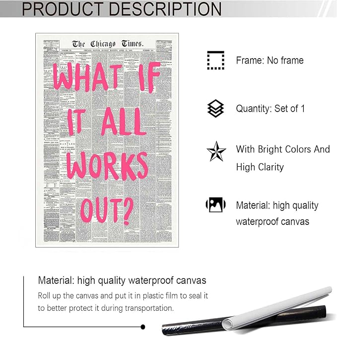 Drimiler What If It All Works Out Poster Retro Newspaper Pink Font Canvas Wall Art Positive Affirming Quote Minimalist Prints Painting For Home Bedroom Dorm Wall Decor 8x12in Unframed