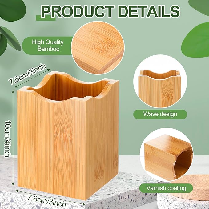 Henoyso 2 Pcs Bamboo Wood Pen Pencil Holder Square Pencil Cup Stand Makeup Organizer for Pen Holder Desk Home Office Adults(Bamboo Wood, Wavy)