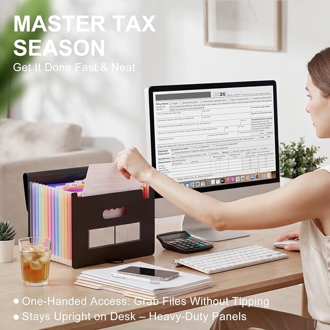 ThinkTex 10-Pack Accordion File Folders - 12 Pockets Bulk Expanding Organizer, Heavy Duty Letter/A4 Document Holder with Color Tabs for Business Tax, School & Office & Back to School Supplies - Black