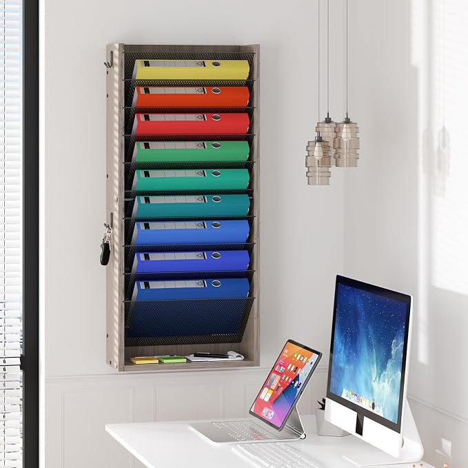 Creso hom Mail Organizer Wall Mounted, Mail Sorter with 2 Key Hooks, 11-Slot File Organizer for Wall or Desk, Wood Letter Holder Envelopes Bills Accessories for Home Office, Greige