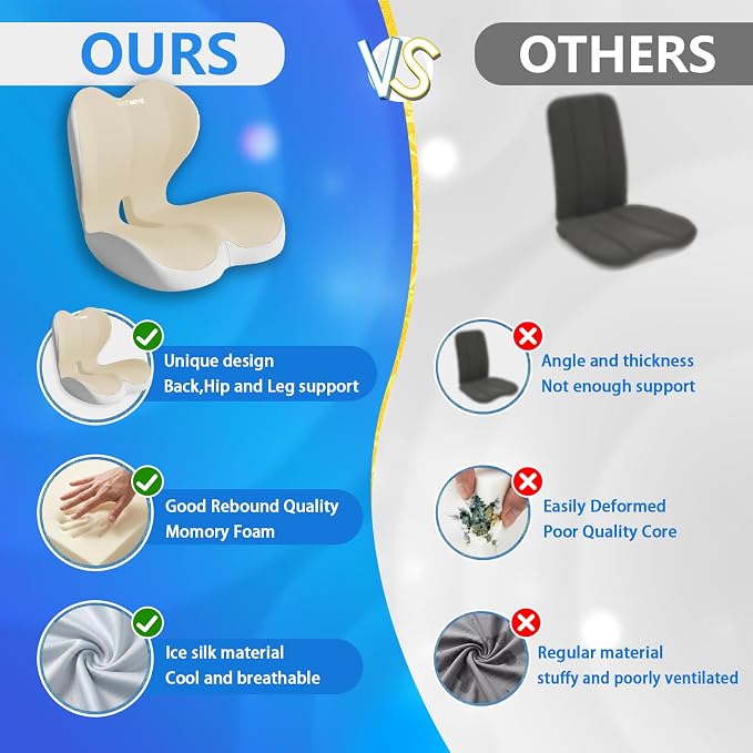Ergonomic Memory Foam Seat Cushion with Strap for Office Chair, Beige Grey | Contoured coccyx cutout supports back and butt, with a non-slip base and washable cover for office chairs and cars.
