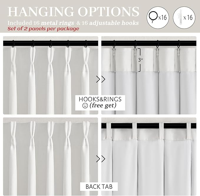Unique Pure White Double Layer Thick Linen Blackout Large 105 Inch Curtains for Office 2 Panels Set, Memory Shape Pinch Pleat Thermal Room Darkening Decorative Windows Curtain & Drapes 8-3/4 FT Length