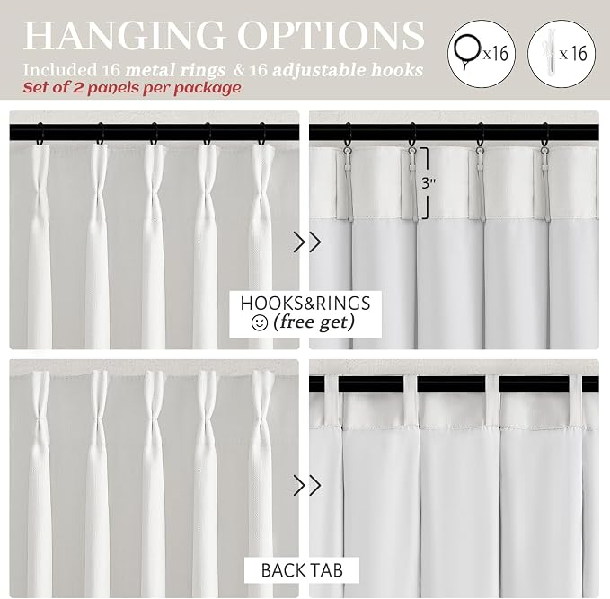 Pinch Pleated Drapes 2 Panel Set Blackout Curtains 90 Inches Long for Kids Room, Petty Faux Linen Memory Trained Pleat Pure White Curtain with Hooks Rings Heat Blocking Nursery Window Burg 40"W x 90"L