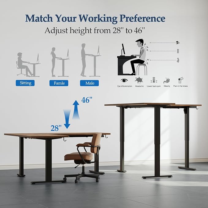 Klicelor L Shaped Standing Desk 63 x 55 Inch, Electric Height Adjustable Corner Desk for Home Office Workstation, Ergonomic Sit Stand Computer Table with Memory Controller, Rustic Brown