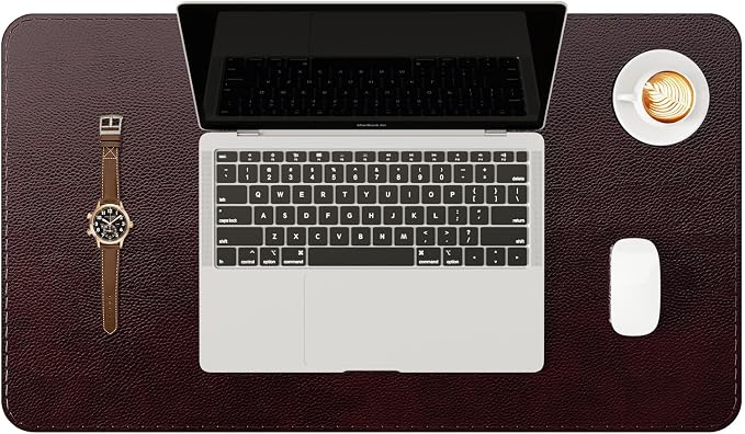 YSAGi Genuine Leather Desk Mat, 23.6"x13.8" Office Desk Pad, Thick Desk Pad Mat with Stitched Line, Non-Slip Desk Mat with Rubber Base (Red Brown, 23.6"x13.8")