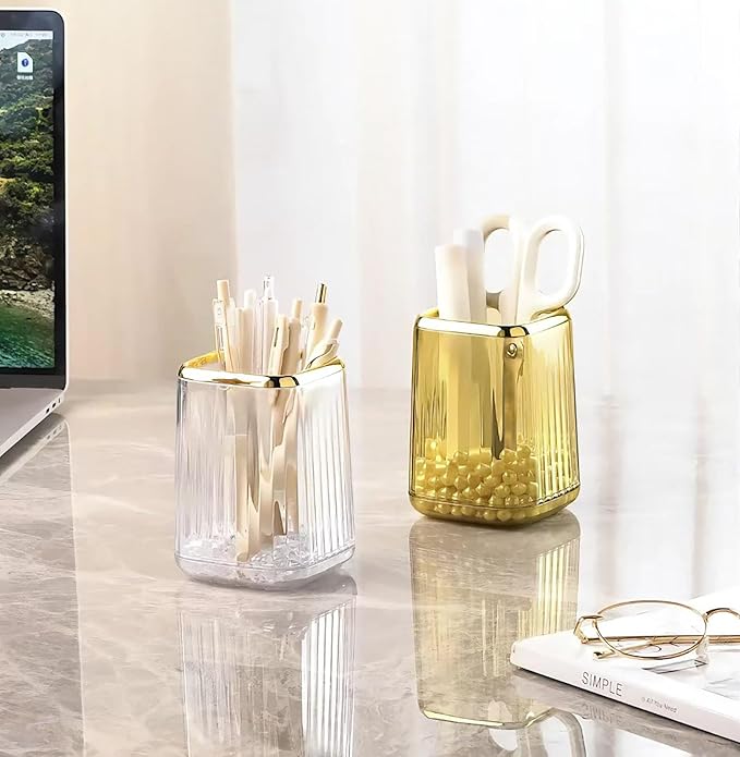 Acrylic Pen Holder, Cute Clear Gold Desk Organizer for Pencils, Makeup Brushes Toothbrushes with Striped Design for Vanity Bathroom Storage Cup
