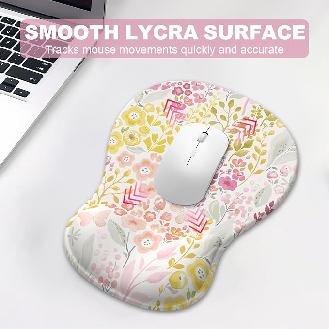 Ergonomic Mouse Pad with Wrist Rest and Keyboard Wrist Rest, Gel Mousepad and Wrist Rest for Computer Keyboard, Pain Relief, Non-Slip PU Base, Mouse Pad Wrist Support for Gaming, Pink Yellow Flowers