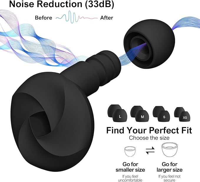 MARLENZ High Fidelity Noise Reduction Earplugs for Sleep & Focus – Soft Reusable Silicone Ear Plugs for Snoring, Concerts, & Sensitivity – 33dB NRR, 4 Sizes (XS/S/M/L) – Black