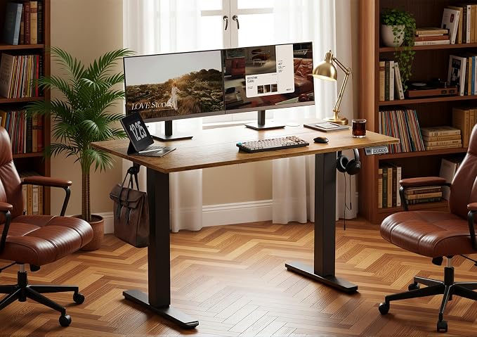 Seang Electric Height Adjustable Standing Desk, 40 x 24 Inch Sit-Stand Workstation with T-Style Frame, 3 Memory Height Options & Built-In Cable Management for Home Office, Black Frame/Rustic Brown Top