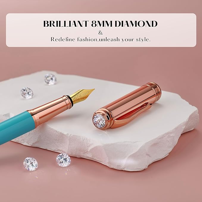 Turquoise Pen with 8MM Diamond-Stunning Luxury Fountain Pen, Schmidt 18K Gold Plated Nib (Fine), Real Rose Gold Finish, Fancy Pen Gift Set for Women, Executive, Nice, Beautiful Designer Pens