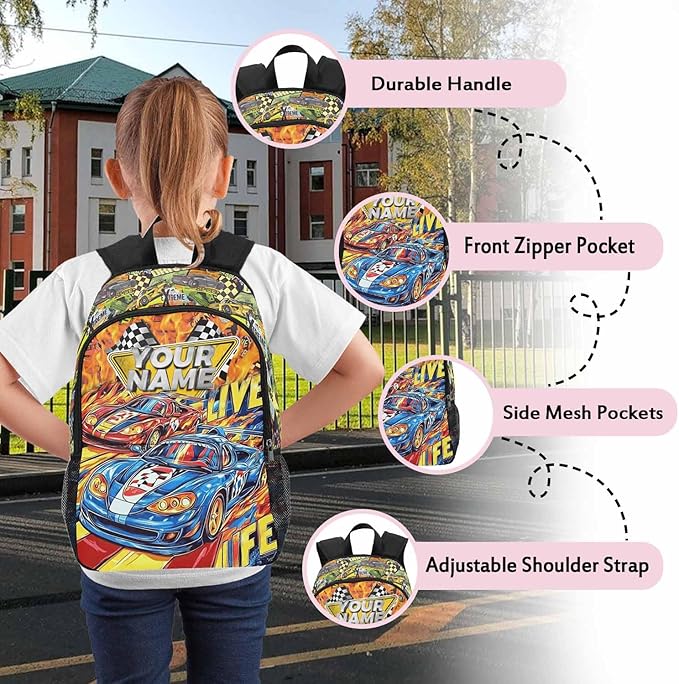 Personalized Cars Toddler Backpack with Name Custom Kids School Backpack for Boys Back to School Supplies Customized Name Schoolbag Bookbag and Water Bottle Cup&Pencil Pouch for Preschool Elementary