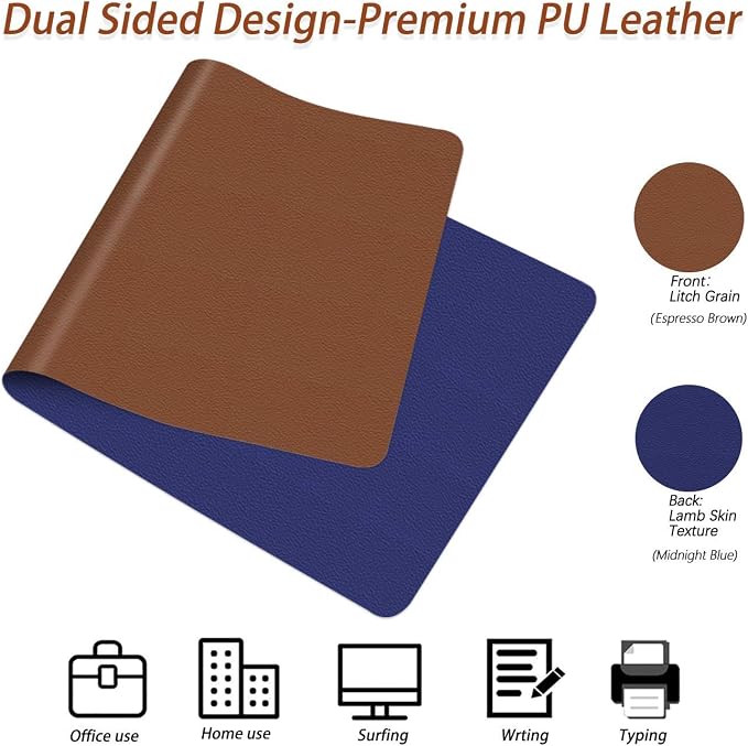 Writing Desk Pad Laptop Mat PU Leather Desk Blotter Pad Waterproof Durable Desk Mat Dual-Sided Writing Mat 16 X 24 Inch Anti-Slip Table Pad Protector for Office & Home (Espresso Brown/Midnight Blue)