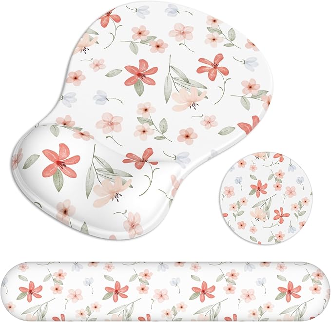 Ergonomic Mouse Pad with Wrist Rest and Keyboard Wrist Rest, Gel Mousepad and Wrist Rest for Computer Keyboard, Pain Relief, Non-Slip PU Base, Mouse Pad with Wrist Support for Gaming, Orange Flowers