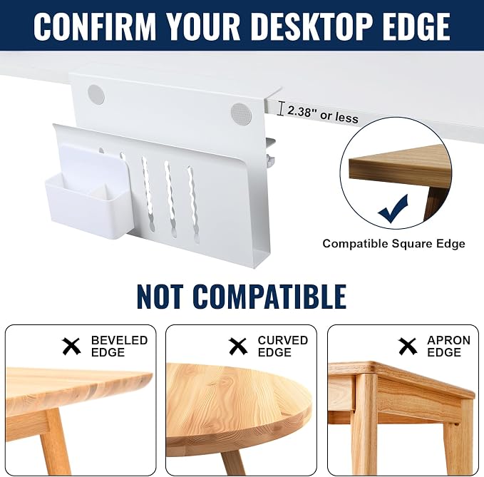 Desk Side Storage Organizer, Under Desk Laptop Holder with Magnetic Pen Holder, No Drill Hanging Desks Caddy for Office & Home, Clamp On Desk Shelf for Tablet, Files, Accessories (White)