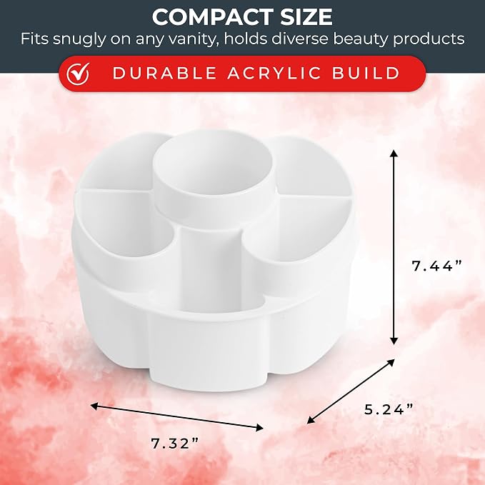 Masirs Small 360 Rotating Makeup Organizer, 5 Compartments, Round White | Small 360 Rotating Makeup Organizer, 5 Compartments, Acrylic Mini Lazy Susan, Vanity Bathroom Counter, Round White