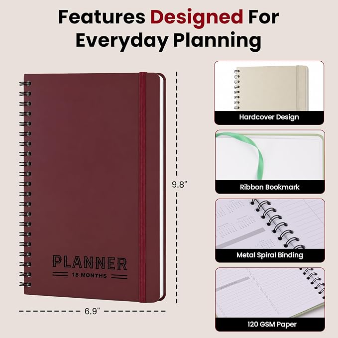 Undated Monthly Planner 2026 2027-18 Month Calendar Planner Book for School, Office and Home - Simplified Hardcover Blank Planners for Goals, Tasks and Dates - B5 Pink