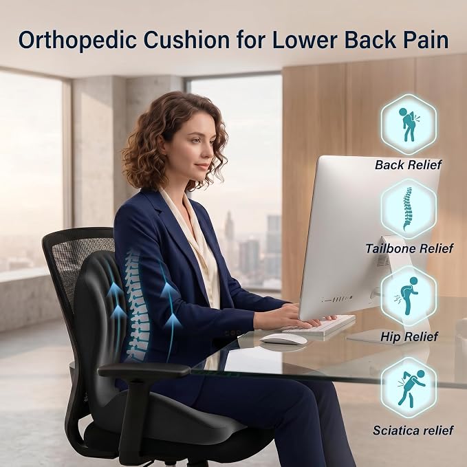 Ergonomic Seat Cushion with Lumbar Support (Black) | Office Chair Seat Cushion, Memory Foam Orthopedic Cushion with Tailbone Hollow, Sciatica & Back Pain Relief for Long Sitting