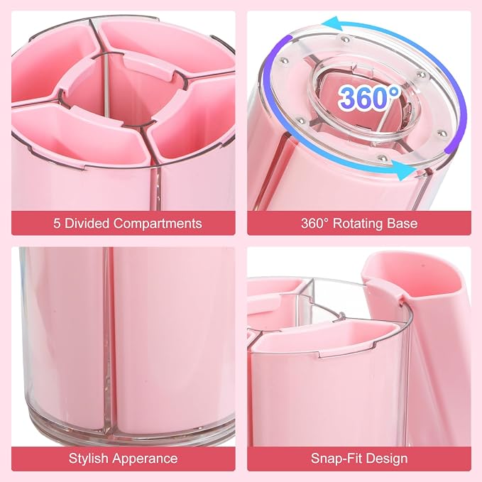 Comix 360° Rotating Pen Holder for Desk, Pink Pencil Holder with 5 Slots | Expandable Capacity, Acrylic Pen Organizer Easy to Clean, Cute Pencil Cup for Home School Office Art Supplies