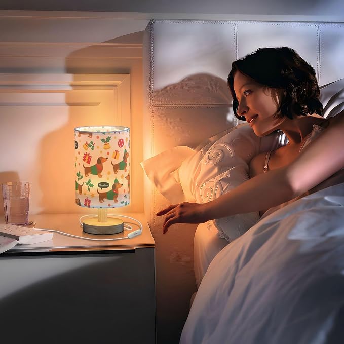 Cute Christmas Dachshund Dogs Table Lamp Bedroom Bedside Night Reading Desk Lamps Cylinder Nightstand Sleeping Light Lamp for Xmas Party Living Room Office Decor