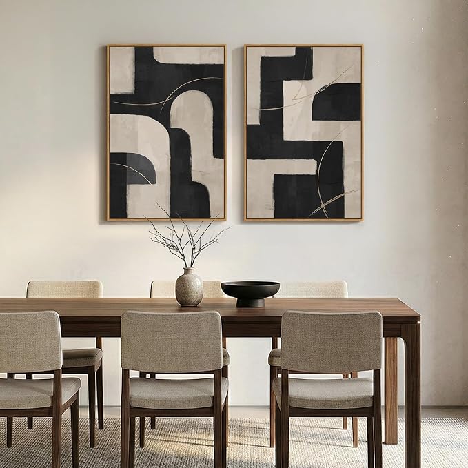 Large Framed Modern Neutral Abstract Wall Art, Set of 2 Minimalist Black and Beige Canvas Prints Paintings Artwork for Walls, Geometric Pictures for Living Room Hallway Bedroom Wall Decor 24x36 In