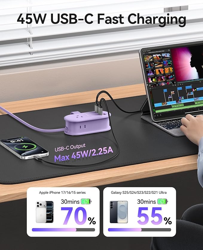 ORICO 45W Power Strip for iPhone 17 and Galaxy S25, 7 in 1 Charging Station with 3AC, 2 USB-A, 2 USB-C, 4ft Thin Extension Cord, Flat Plug Fashion Essential for Travel/Home/Office/Library/Dorm - TK45