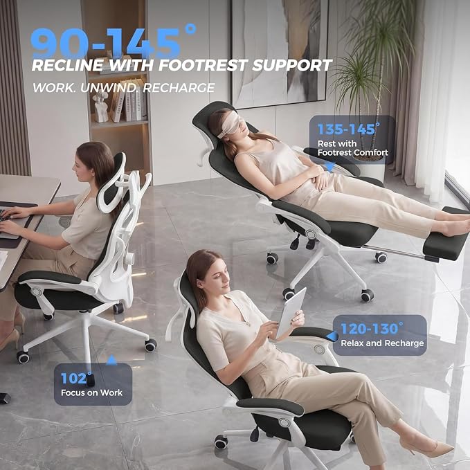 Ergonomic Office Chair with Footrest - Adjustable Lumbar Support & Headrest, 90-160° Reclining Mesh Back Computer Chair - Home Office/Gaming, 330lbs Capacity