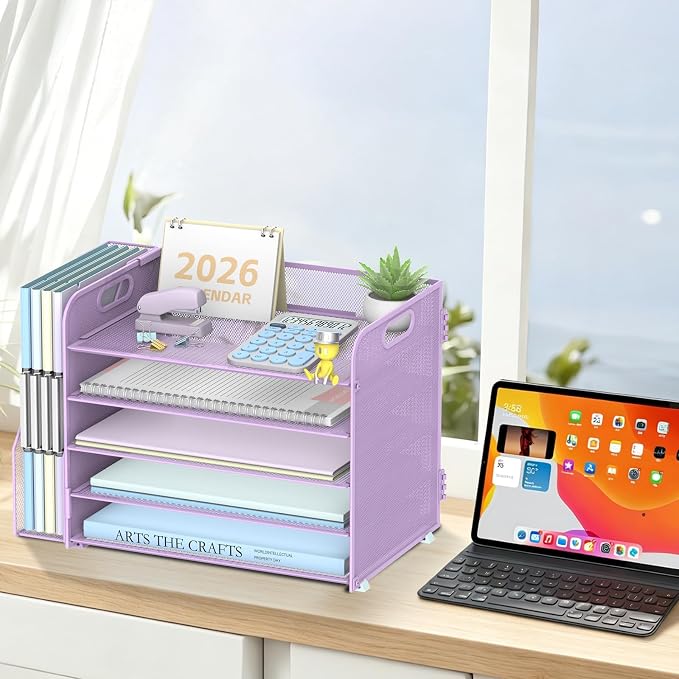 5-Tier Desk Organizer with File Holder, Paper Organizer for Desk, Purple | 5 Letter Trays and Vertical File Holder with Metal Mesh Frame for Papers Folders Books and Mail in Office Home or School