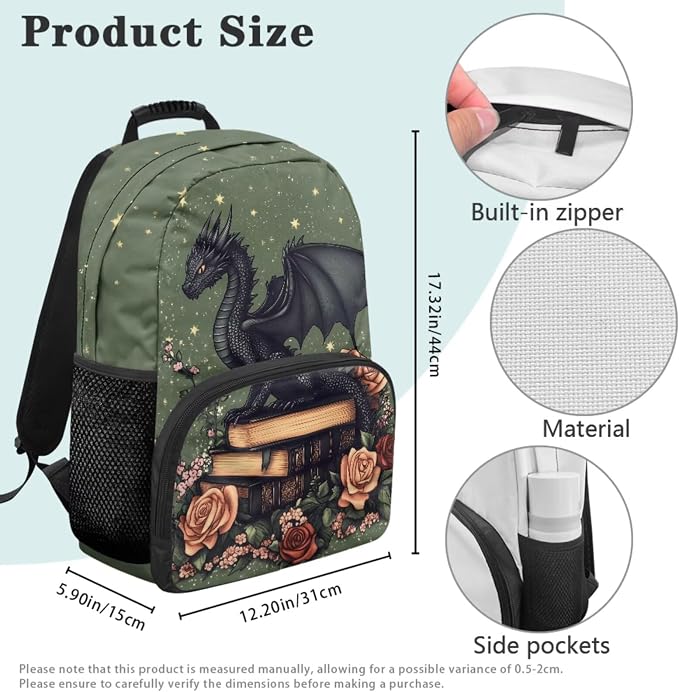 Black Dragon Backpack Set - Elementary School Backpacks for Boys Girls with Lunch Box - 17 Inch Book Lover Bookbag for Kids Ages 6-10 Back to School