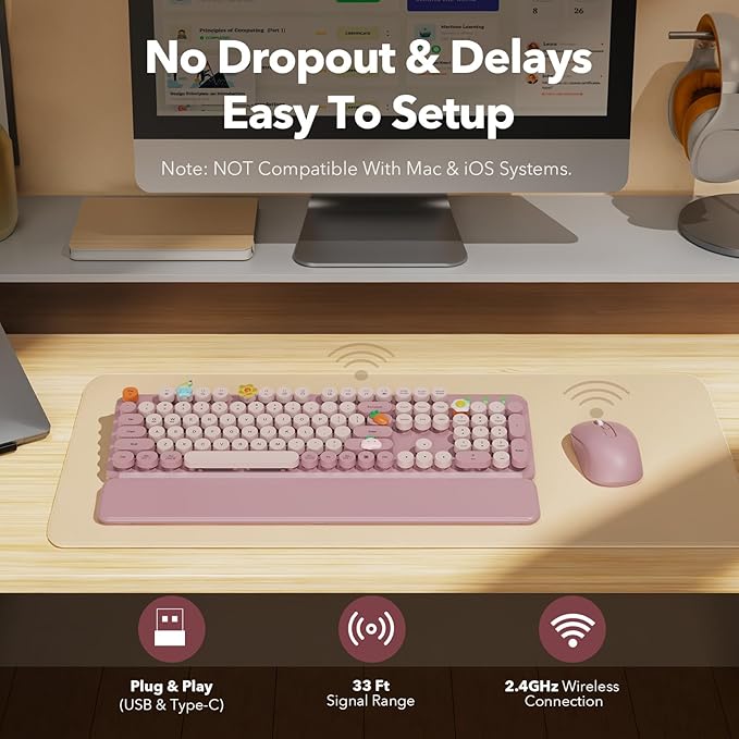 Wireless Keyboard and Mouse Combo, Round Keycaps, Full-Size Typewriter-Style Keyboard with Detachable Wrist Rest, Tilt Legs & 3-Level DPI Mouse, 2.4GHz Cordless for Windows PC/Laptop (Dusty Rose)