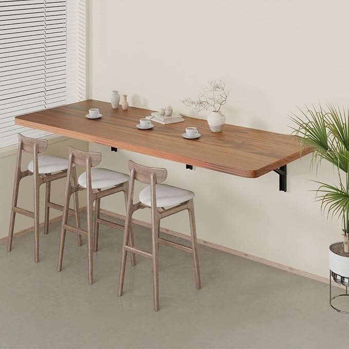 IAE Floating Wall Mounted Folding Table Desk with Pine Wood,55" x 22" Folding Workbench,Fold Down wall Mounted Foldable Table with Shelf Brackets,Laundry Folding Table for Apartment,Home,Kitchen,Teak