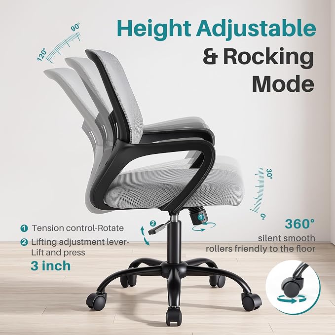 OLIXIS Ergonomic Office Desk Chair, Executive Mid-Back Computer Chair with Comfortable Lumbar Support & Rocking Mode, Height Adjustable with Fixed Armrest, 360° Swivel, for Adults, Grey