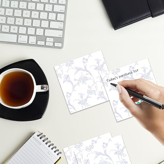 Sticky Notes 3x3 Inches, 2 Pads Cute Colorful Self-Stick Note Pads, Easy to Post for Home, Office and Daily Life Organization Blue and White Floral