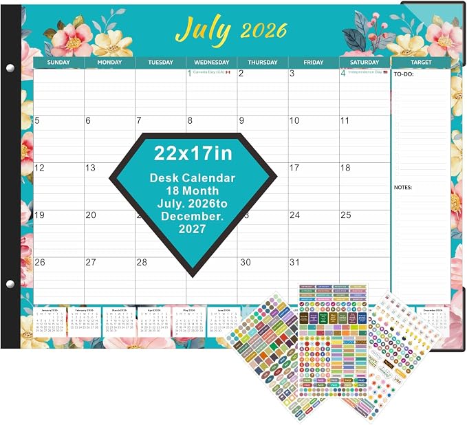 2026 Desk Calendar Large 22x17 Inches,Large Desk Calendar 2026-2027,18 Month,Suitable For Home,School Or Office,With Plastic Cover,Monthly Calendar(Cyan)