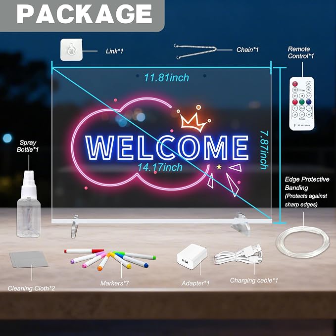 LED Note Board with 7-Color Light Modes, 13.7"X10" 7 Colors Acrylic Dry Erase Boards with Light, Include Adapter, Hanging Chain, Led Drawing Board for Kids Christmas & Birthday Gifts for Girls Boys