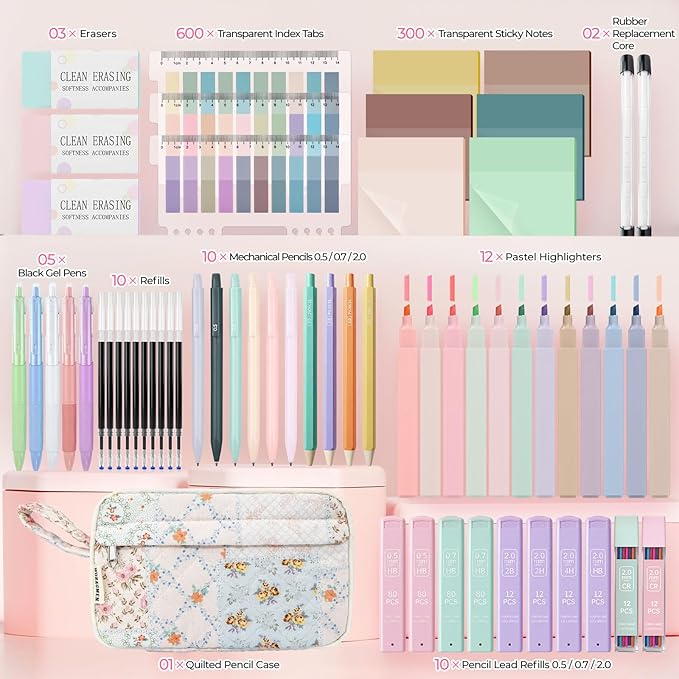 WOBAGMEN 62PCS Aesthetic School Supplies with Quilted Pencil Case, Pastel Highlighters, Gel Pens Mechanical Pencils Set, Cute Back to School Supplies, College Essentials(Coloful Patchwork, M)
