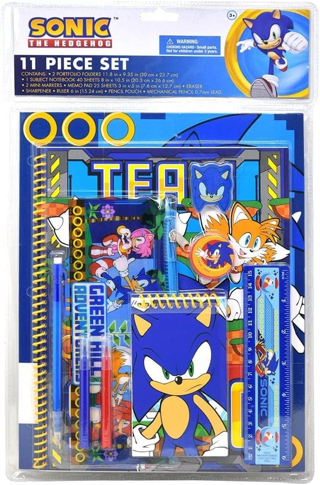 Sonic School Supplies Kids - 14 Pc Bundle with Folders, Notebook, Stickers, More Featuring Shadow Tails Knuckles | Sonic the Hedgehog Back to School Supplies