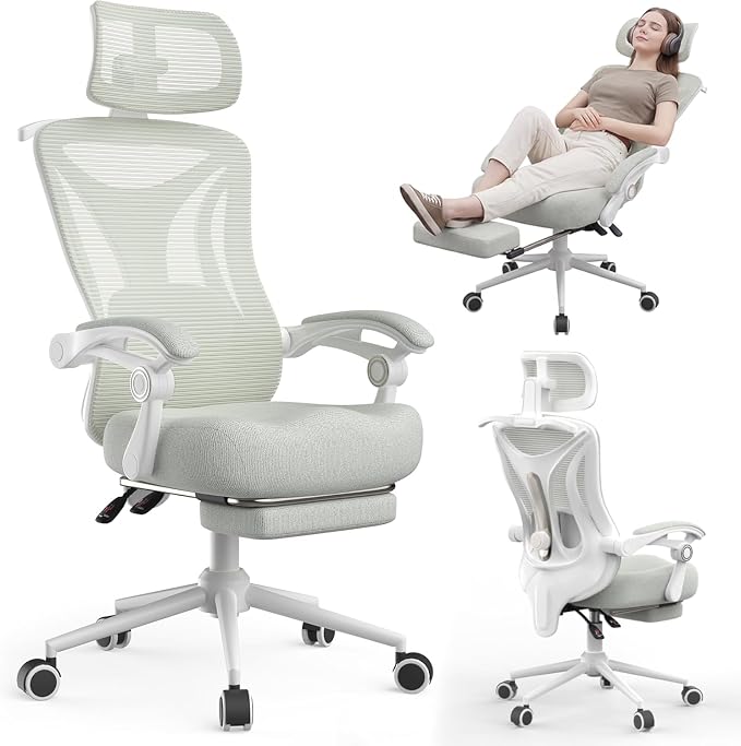 Ergonomic Office Chair - Adjustable Lumbar & Headrest, 90-160° Reclining with Footrest, Breathable Mesh Back - Home Office/Gaming Computer Chair (Modern, Light Grey)