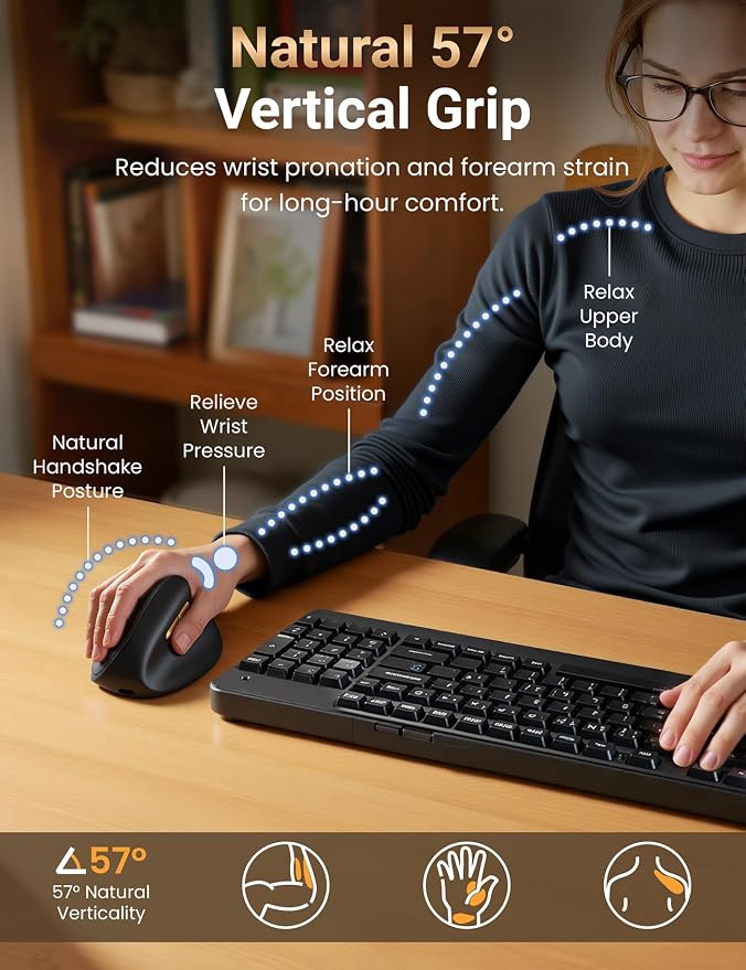 Ergonomic Vertical Wireless Mouse, 57°, Small/Medium Hands, Black | Rechargeable, Quiet Click, 800/1200/1600 DPI, 2.4GHz USB Receiver, Forward/Back Buttons, Computer Mouse for Laptop PC Mac
