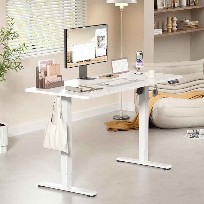 YESHOMY Height Adjustable Electric Standing Desk, 46 x 24 Inches Memory Home Office Sit Stand up Desk with Phone Holder and USB Charging Port, White